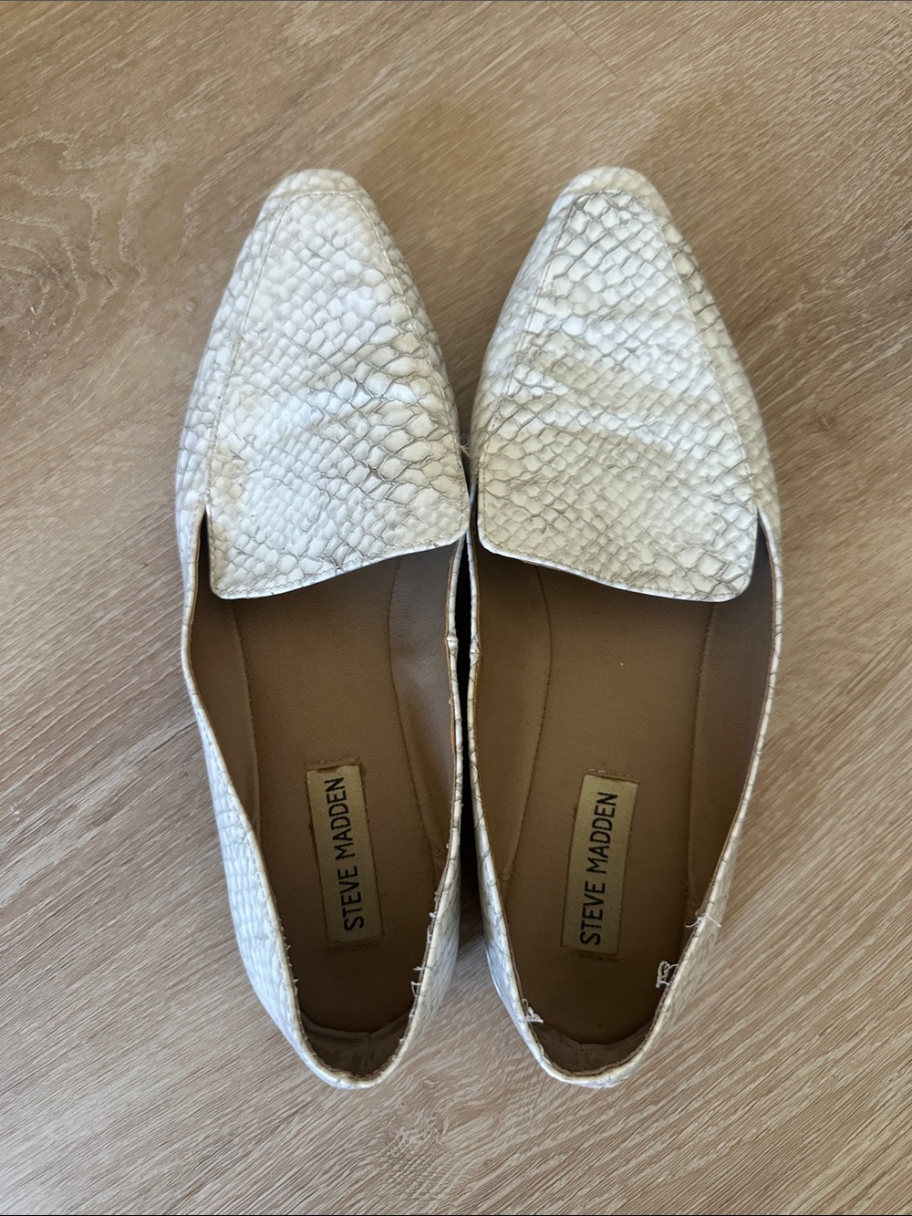 Steve Madden Cream Snake-Embossed Pointed Toe Loafers